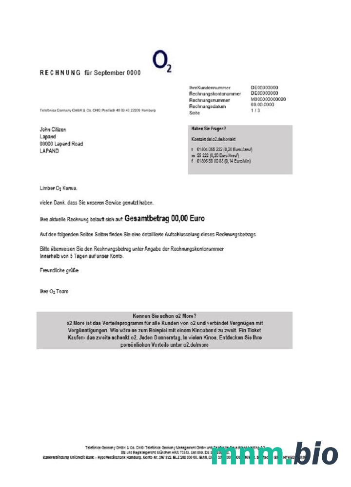 Niemcy Rechnung O2 rachunek za media